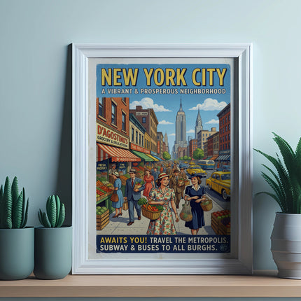 New York City vintage travel poster showing a busy street scene with businesses.