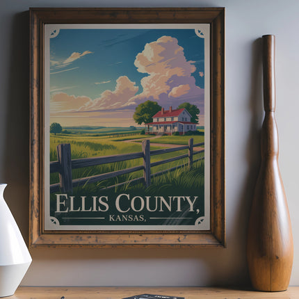 Elllis County, Kansas poster featuring a house and fence in a landscape.
