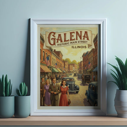 Galena historic main street Illinois vintage poster in a white frame.