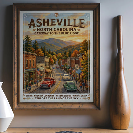 Poster of Asheville, North Carolina, a gateway to the Blue Ridge Mountains.