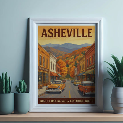 Framed art print of Asheville, North Carolina, showing a street scene with classic cars and autumn foliage.