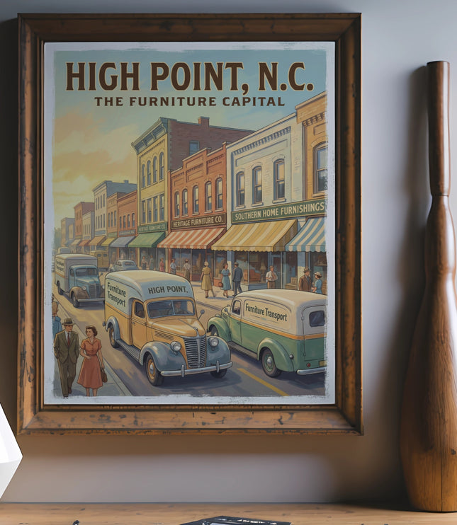 Vintage poster shows High Point, N.C. street with furniture transport trucks and stores.