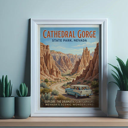 Cathedral Gorge State Park Nevada poster with vintage car and clay canyons.