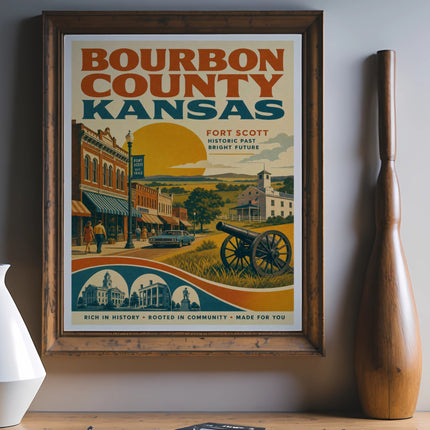 Bourbon County Kansas poster featuring Fort Scott with historic buildings, a cannon, and text.