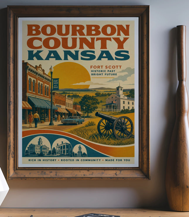 Bourbon County Kansas poster featuring Fort Scott with historic buildings, a cannon, and text.