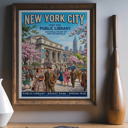 Vintage New York City Public Library travel poster with people and cherry blossoms.