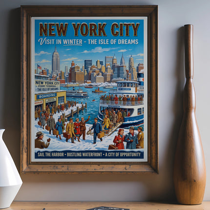 Vintage New York City winter travel poster with ferry and skyline.