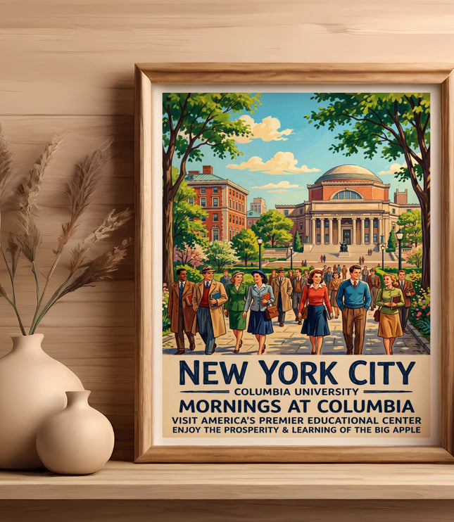 New York City Columbia University poster with people walking in front of Low Memorial Library.