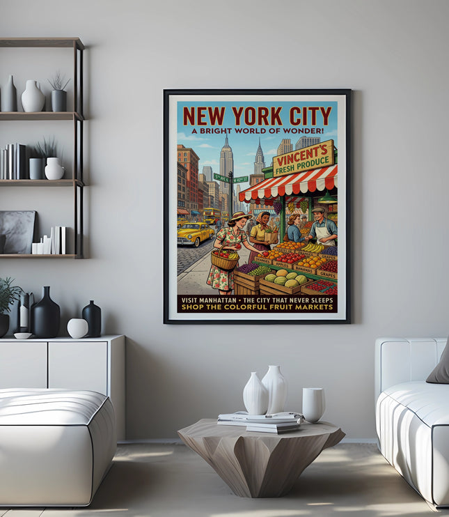 New York City vintage travel poster with fruit market and city skyline.