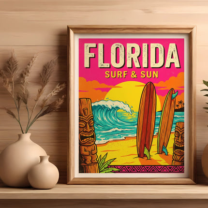 Framed poster featuring "Surf & Sun" text, waves, surfboards, and tiki masks.