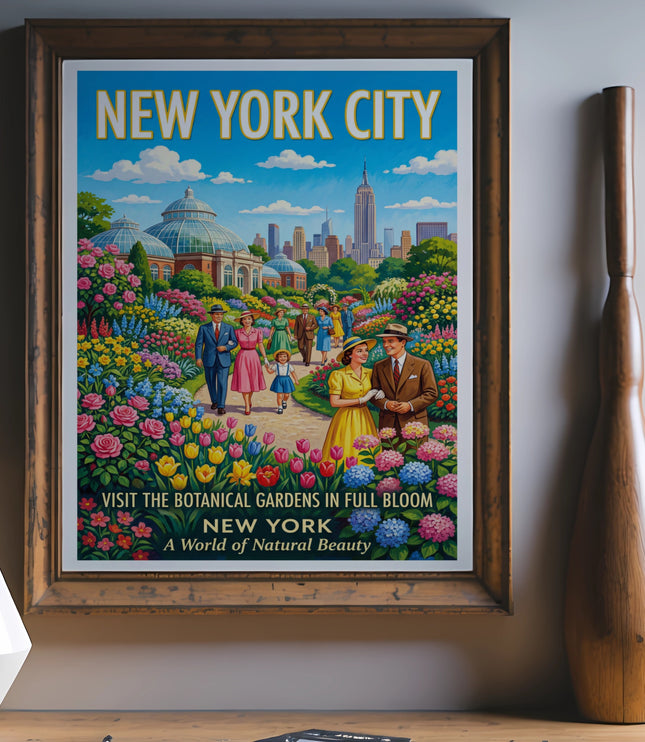 Vintage New York City botanical gardens poster with Empire State Building and people.