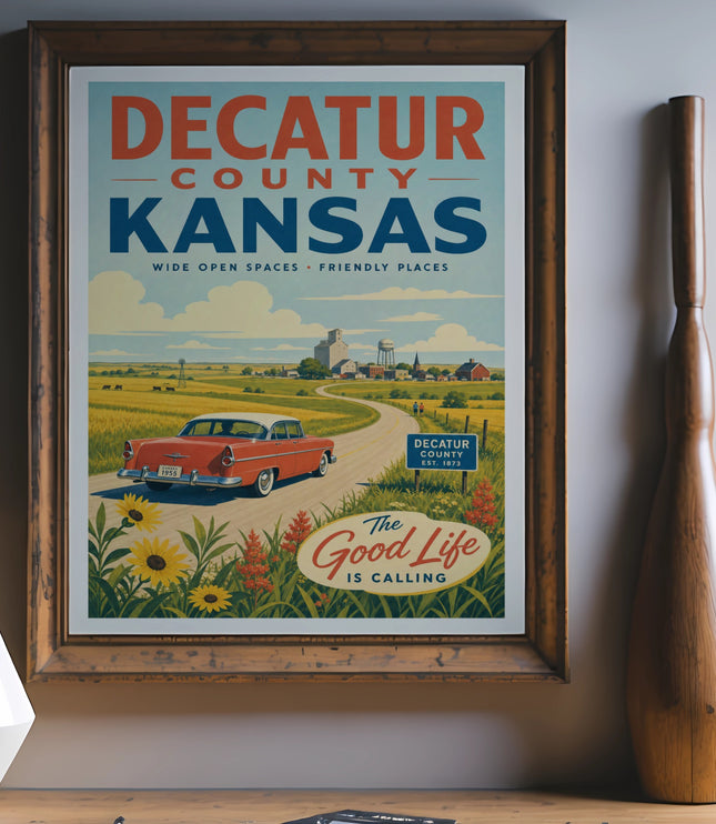 Decatur County Kansas poster with vintage car and "The Good Life is Calling" text.