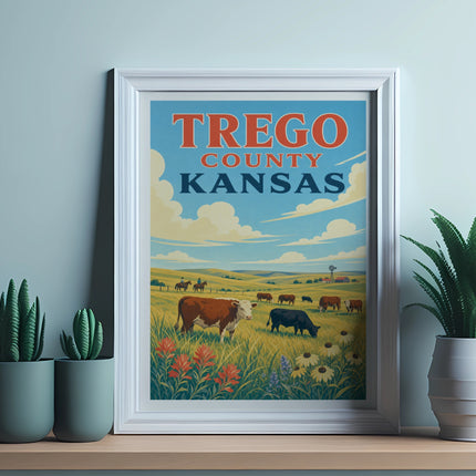 Framed print of cows grazing in a Kansas field, with "TREGO COUNTY KANSAS" text.