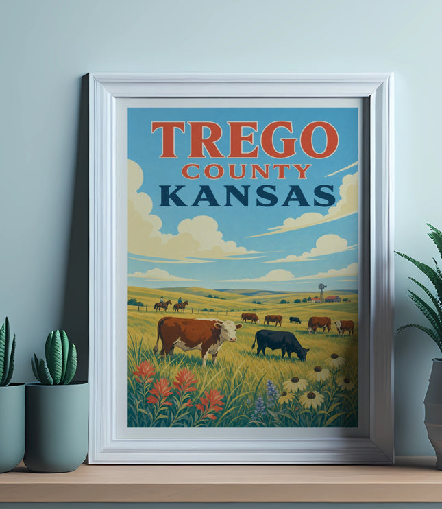 Framed print of cows grazing in a Kansas field, with "TREGO COUNTY KANSAS" text.