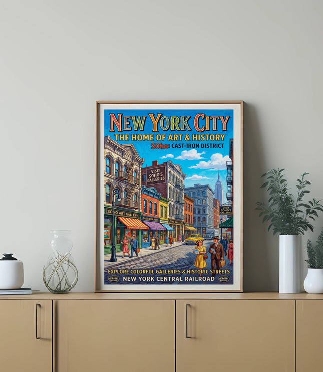 Vintage New York City travel poster of SoHo galleries and cast-iron district.