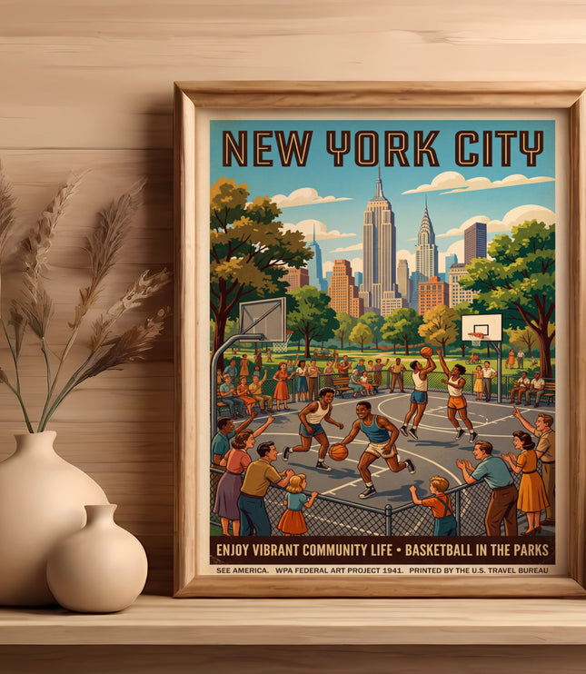 New York City skyline poster with people playing basketball in a park.