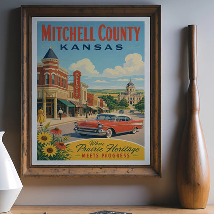 Vintage poster for Mitchell County, Kansas, featuring a classic car and a town street scene.