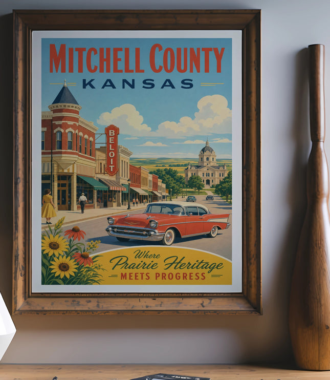 Vintage poster for Mitchell County, Kansas, featuring a classic car and a town street scene.