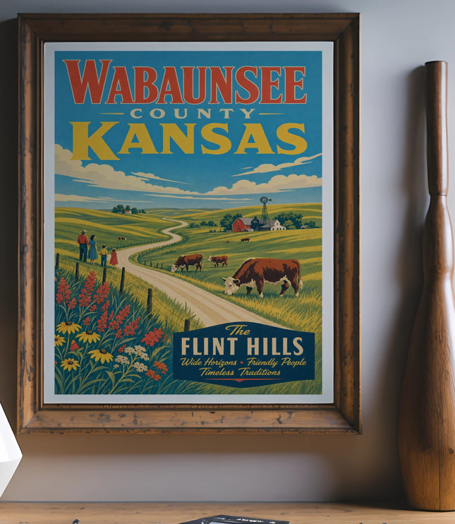 Wabaunsee County, Kansas Flint Hills travel poster with cows and farmland.
