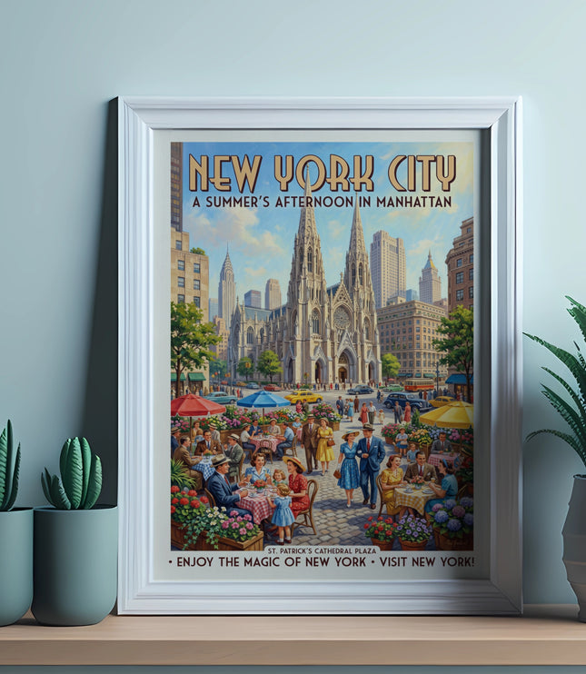 "New York City A Summer's Afternoon in Manhattan" poster featuring St. Patrick's Cathedral.