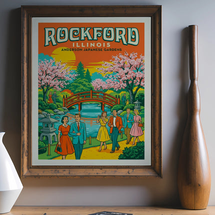 Retro style poster of Anderson Japanese Gardens in Rockford, Illinois.