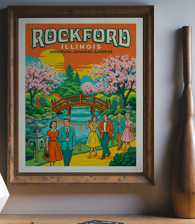Retro style poster of Anderson Japanese Gardens in Rockford, Illinois.