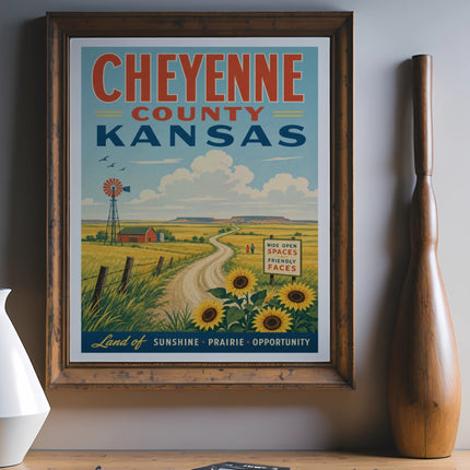 Vintage Cheyenne County Kansas travel poster with windmills and sunflowers.