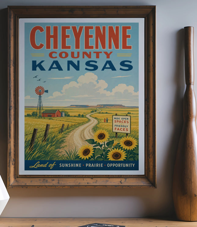 Vintage Cheyenne County Kansas travel poster with windmills and sunflowers.