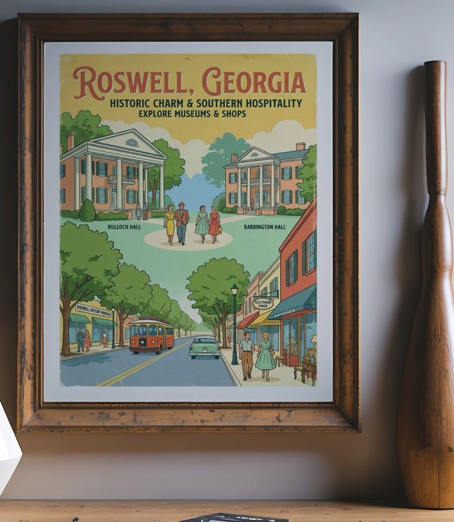 Roswell, Georgia vintage travel poster featuring Bullock Hall, Barrington Hall, and historic downtown.