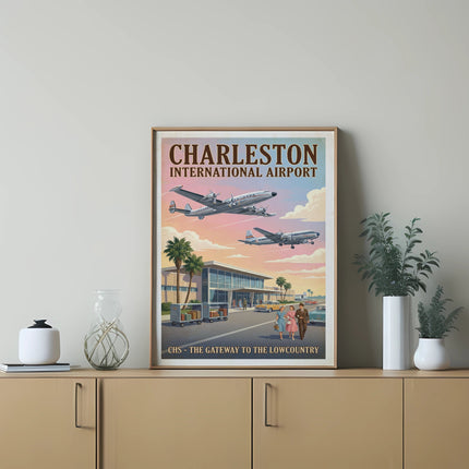 Charleston International Airport poster with vintage planes, terminal, and people.