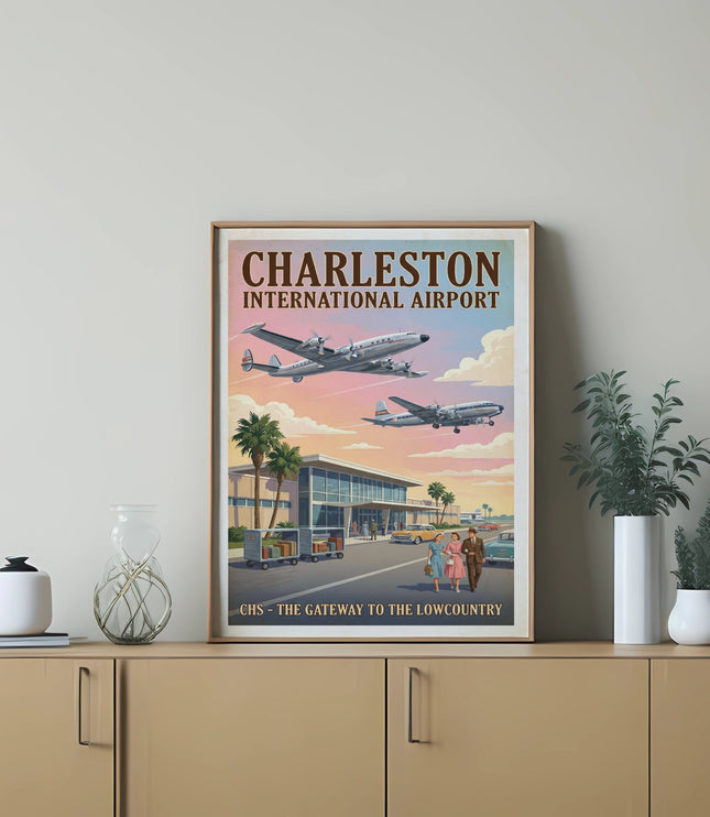 Charleston International Airport poster with vintage planes, terminal, and people.