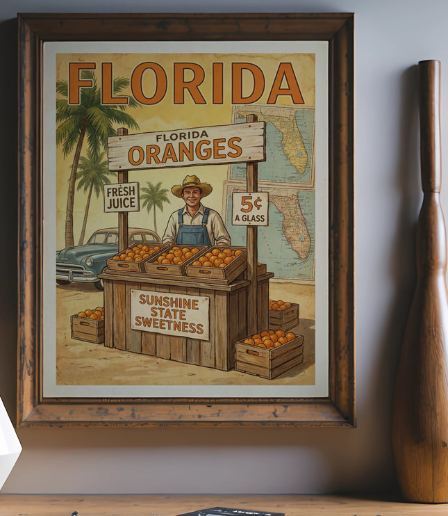Vintage Florida Oranges poster with farmer and fruit stand.