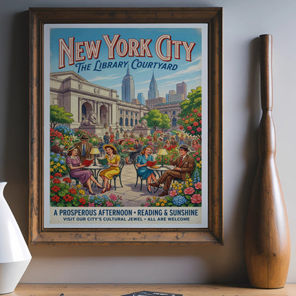 New York City Library Courtyard poster with people reading and enjoying sunshine.