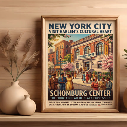 Vintage poster for Schomburg Center, Harlem's cultural heart, with street scene.
