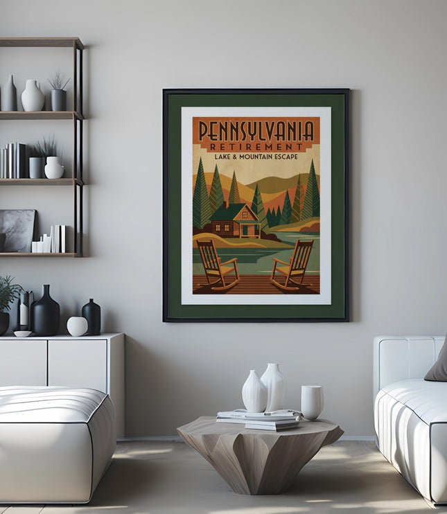 Framed print of "Pennsylvania Retirement Lake & Mountain Escape" vintage travel poster.