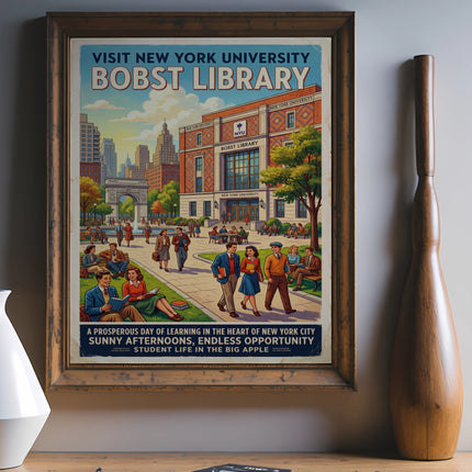 Vintage travel poster for NYU Bobst Library with city scene and students.