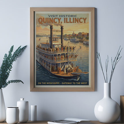 Vintage poster of the Quincy Queen paddlewheel boat on the Mississippi River.