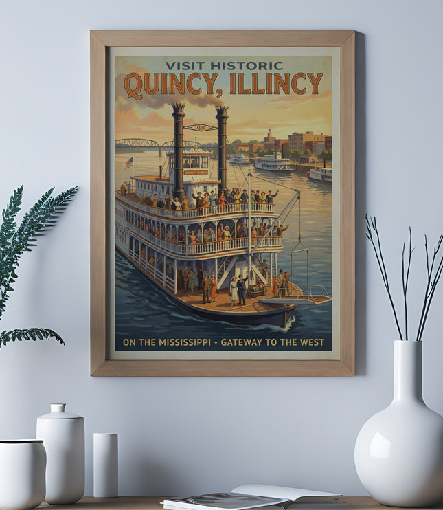 Vintage poster of the Quincy Queen paddlewheel boat on the Mississippi River.