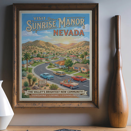 "Visit Sunrise Manor Nevada" poster featuring a vintage neighborhood scene with cars.