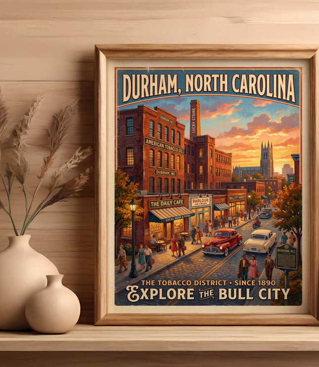 Vintage poster of Durham, North Carolina's Tobacco District with cityscape and text.