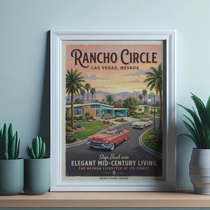 Rancho Circle Las Vegas, Nevada mid-century living poster with vintage cars.