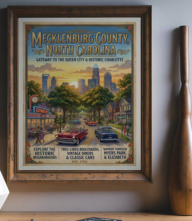 Mecklenburg County, North Carolina poster featuring Charlotte skyline, vintage cars, and diners.