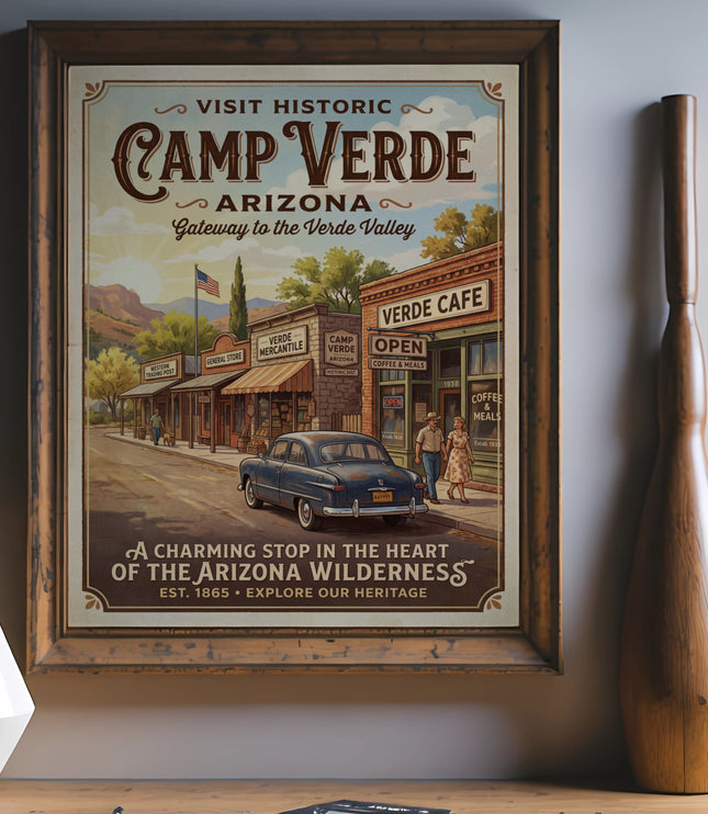 Vintage poster of Camp Verde, Arizona showing a street scene with shops and a classic car.