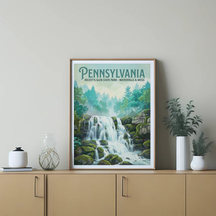 Pennsylvania Ricketts Glen State Park waterfalls and moss landscape poster.