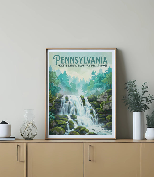 Pennsylvania Ricketts Glen State Park waterfalls and moss landscape poster.