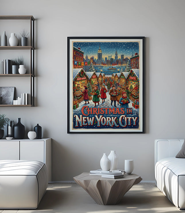 Vintage poster "Christmas in New York City" with snowy market scene and skyline.