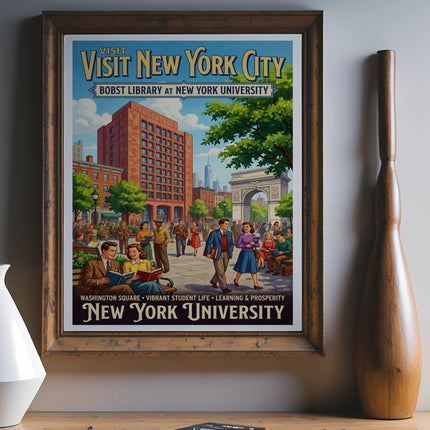 New York University Bobst Library vintage travel poster, Washington Square.