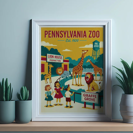 Pennsylvania Zoo poster with animals, people, and text.