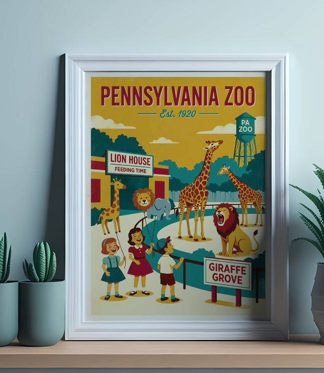 Pennsylvania Zoo poster with animals, people, and text.