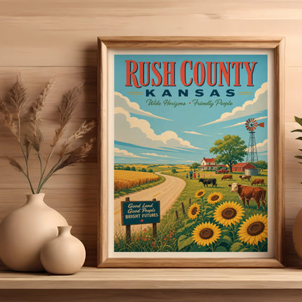 Rush County Kansas poster with farmland, sunflowers, windmill, and text.